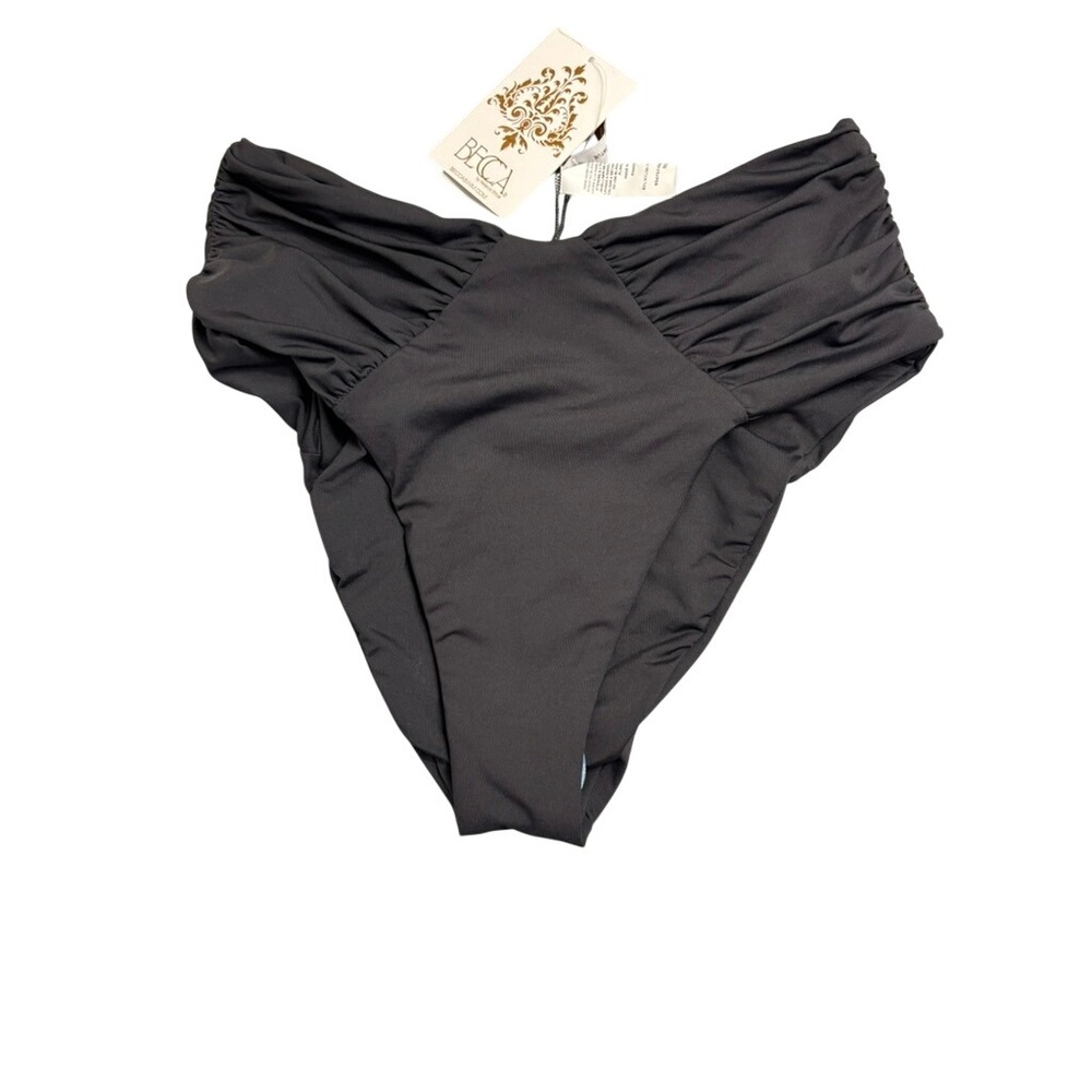 NWT BECCA Bikini Bottoms Womens Sz M‎ Black Ruched High Waisted Swim
